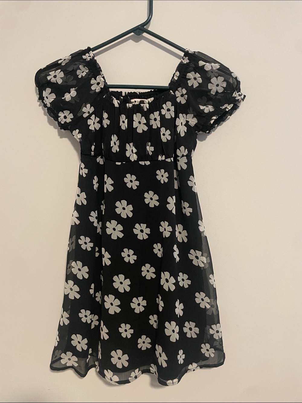 SO Black Dress with White Floral Print and Puff Sleeves